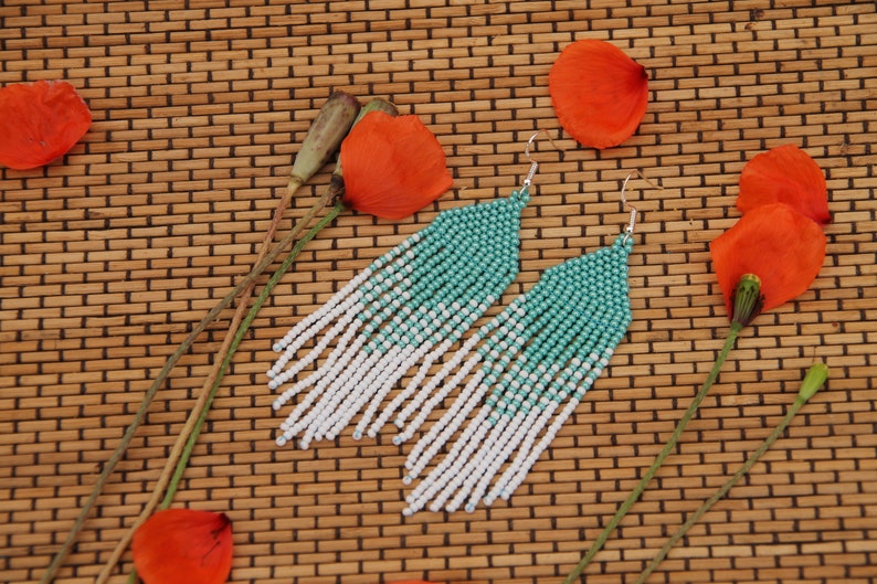Seed bead earrings handmade turquoise white color seed bead Earrings New Boho