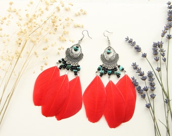 Red boho feather earrings handmade multicolor women jewellery cute gift for her