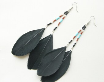 Black feather earrings seed bead earrings for her cute handmade gift for women unique artisan jewelry