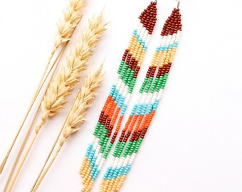 Long seed bead fringe earrings handmade beaded boho jewelry handmade gift for her seasonal accessory for women boho chic earrings