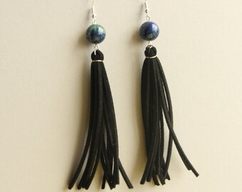 Natural Lapis Lazuli Chrysocolla tassel earrings black leather earrings unique gemstone earrings everyday earrings for her