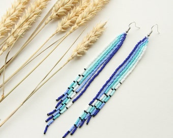 Long blue boho earrings colorful seed bead jewelry trendy summer women earrings handmade jewelery gift for women