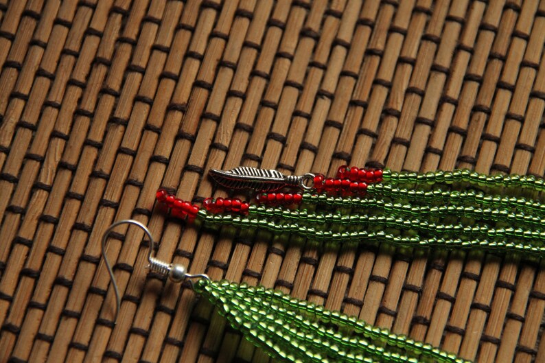 Long Beaded Boho Earrings red color seed beads leaf finding Native American Style Beaded Earrings green