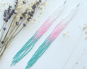 Long bohemian fringe earrings, seed bead chandelier earrings beautiful gift for women made by order special earrings for special women