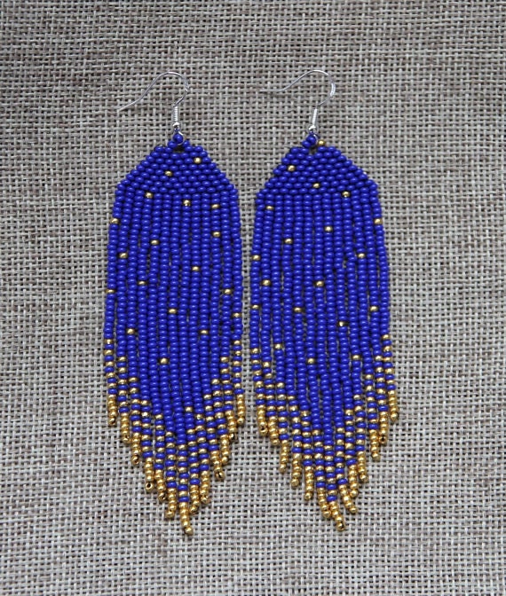 peach pink and grey color seed beads Long Beaded Boho Earrings Native American Style Beaded Earrings