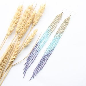 Handmade Beaded Boho Earrings: Extra Long Purple & Blue Jewelry