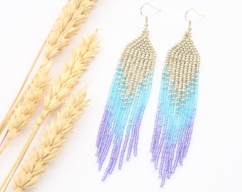 Purple beaded fringe earrings seasonal boho style jewellry beautiful everyday women accessory cool gift for Mother day