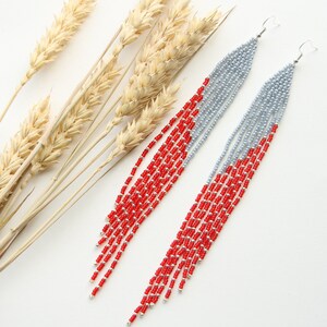 Long seed bead earrings handmade red and gray earrings boho chic jewelry for her