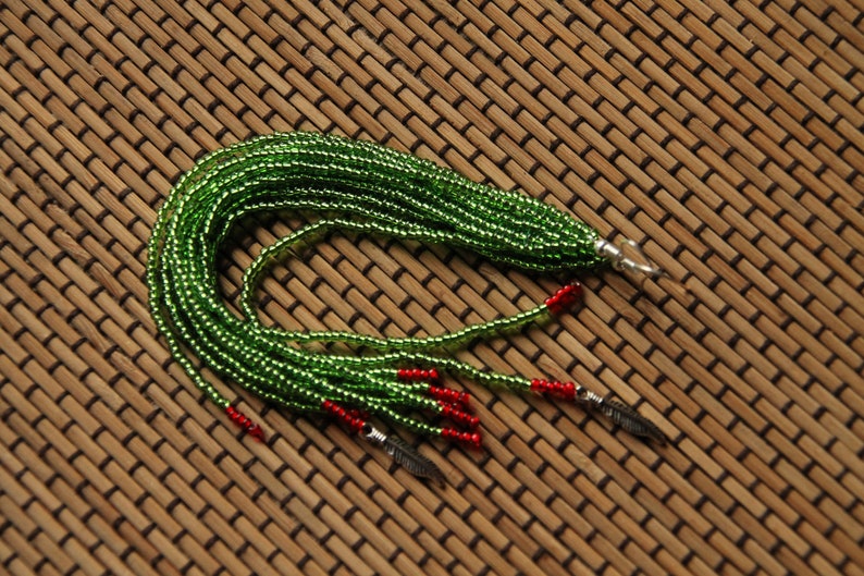 Long Beaded Boho Earrings red color seed beads leaf finding Native American Style Beaded Earrings green
