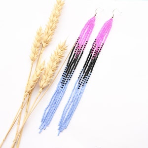 Long handmade chandelier earrings colorful beaded summer accessory gorgeous seed bead jewellery birthday gift for women