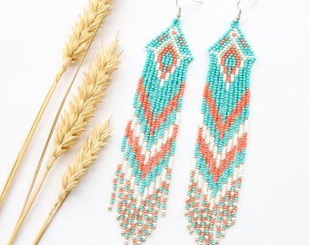 Long blue fringe earrings, trendy bohemian  seed bead earrings,handmade unique beaded jewellery,beautiful gift for Mother