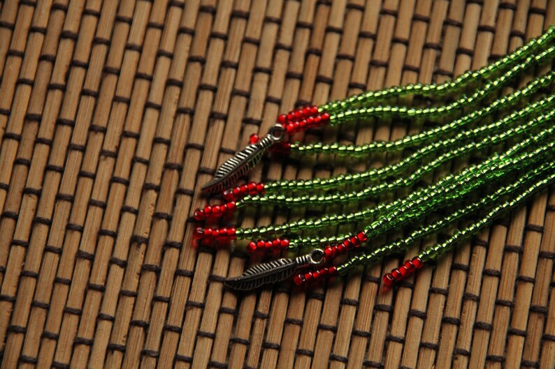 Long Beaded Boho Earrings red color seed beads leaf finding Native American Style Beaded Earrings green