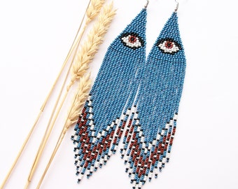 Lange blauwe boze oog oorbellen handgemaakte kralen boho sieraden handgemaakt cadeau voor haar seizoensaccessoire voor vrouwen boho chique oorbellen