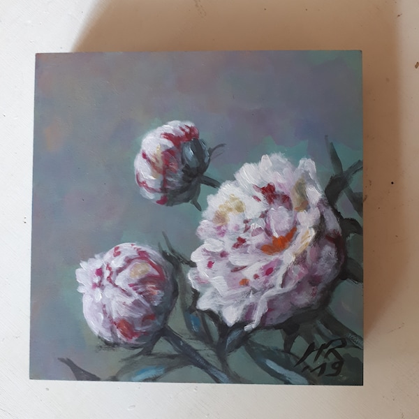 Peony Romatische Pfingstrosen Original Acryl auf Holz Unikat Malerei Stilleben Päonien