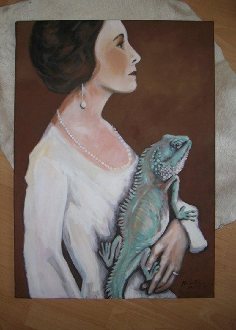 Original Acryl Malerei Stolz Dame mit Leguan Bild 2