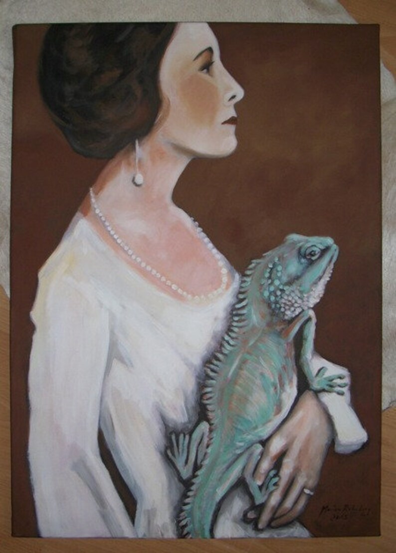 Original Acryl Malerei Stolz Dame mit Leguan Bild 1