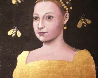 Painting gold unique acrylic on wood "Bee Queen"