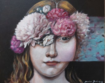 Original Acrylic Painting Portrait Surreal Romantic Flowers