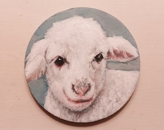 Lamb Animal Painting Original Acrylic on Wood Easter Decoration