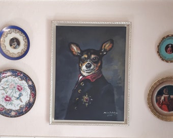 Oil-painted portrait funny dog in historical costume