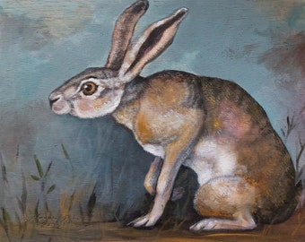 Original Animal Painting Vintagestyle Rabbit Acrylic on Wood