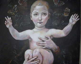 Original acrylic figurative surreal art "believe" Madonna with baby Jesus