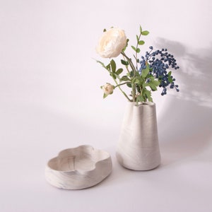 Set of 2 White marble finish accessory tray sculptural vase image 3