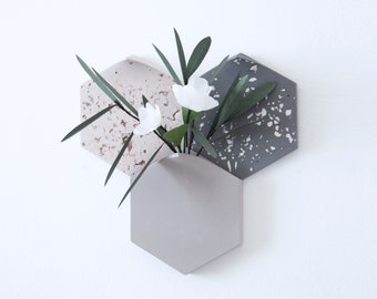 Pre-set hexagonal modular wall-mount vase with 2 terrazzo tiles