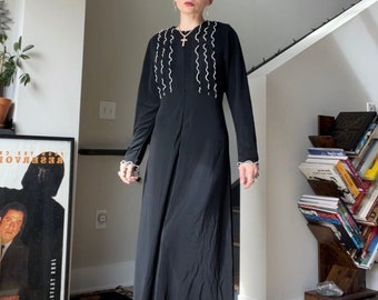 VTG 70s Black Maxi Dress with Contrast Lattice Detail J. Adiro