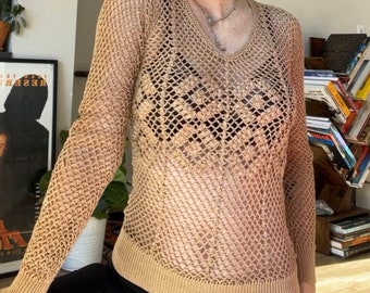 VTG 70s Tan Crochet Sweater