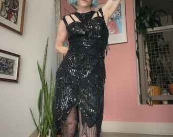 VTG Black Silk Beaded Dress