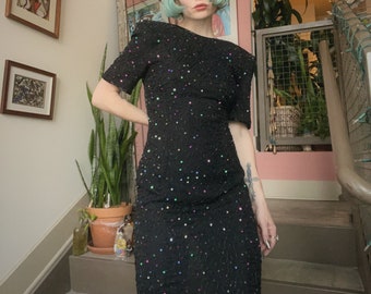 Mini vestido de seda com miçangas VTG anos 80
