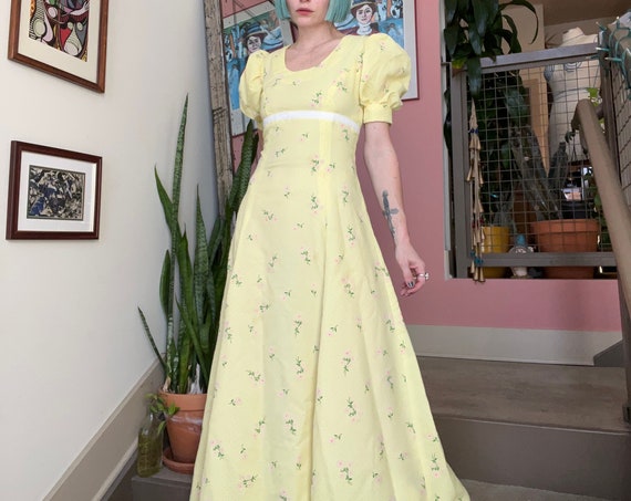 VTG 70s Yellow Floral Swiss Dot Maxi Dress