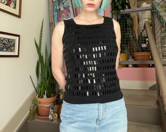 VTG Silk Blend Black Sequined Knit Tank Top