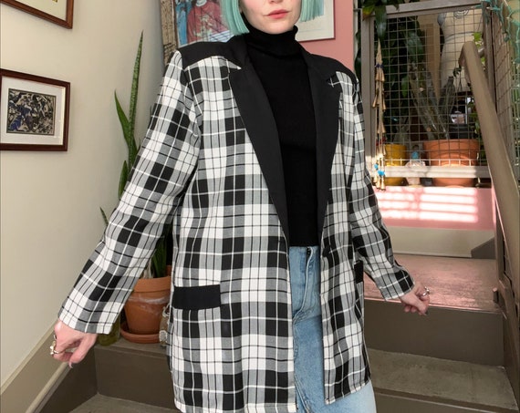 VTG 80s Black and White Plaid Lightweight Blazer