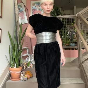 VTG 80s Black Velvet Dress with Silver Metallic Waist