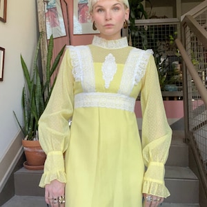70s Canary Yellow Swiss Dot Lace Maxi Prairie Dress