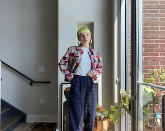 Vintage 90s Check Pleated Cotton Pants, Faded Blue Grey, Waist 27