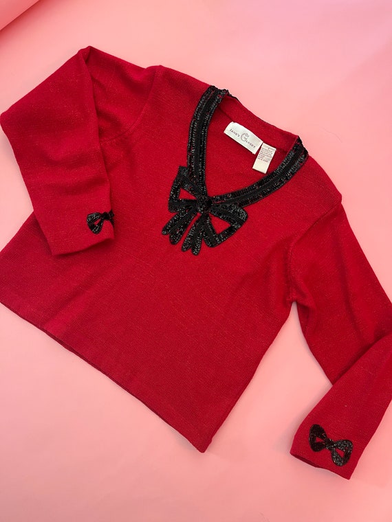 VTG 90s Jane’s Closet Red Metallic Knit Sweater with Black Sequin Bow Detail