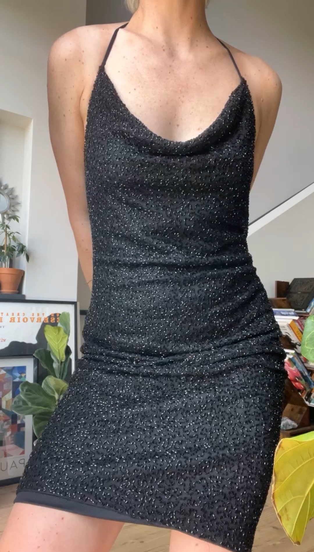 Vtg 90s Marina by Marina Bresler Black Beaded Halter Dress