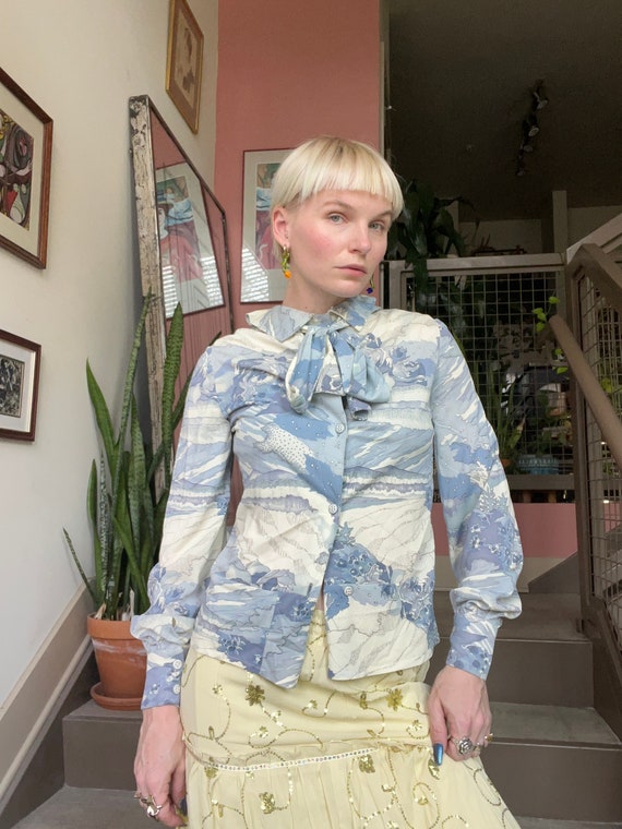 VTG 70s Novelty Print Blouse with Tie Neckline