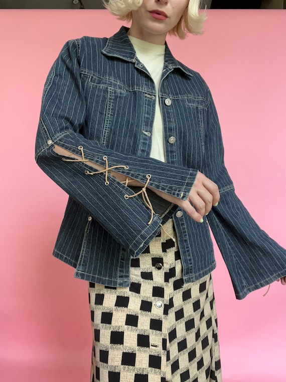 VTG Y2K | Striped Denim Jacket w/ Flare Lace Up Sleeves