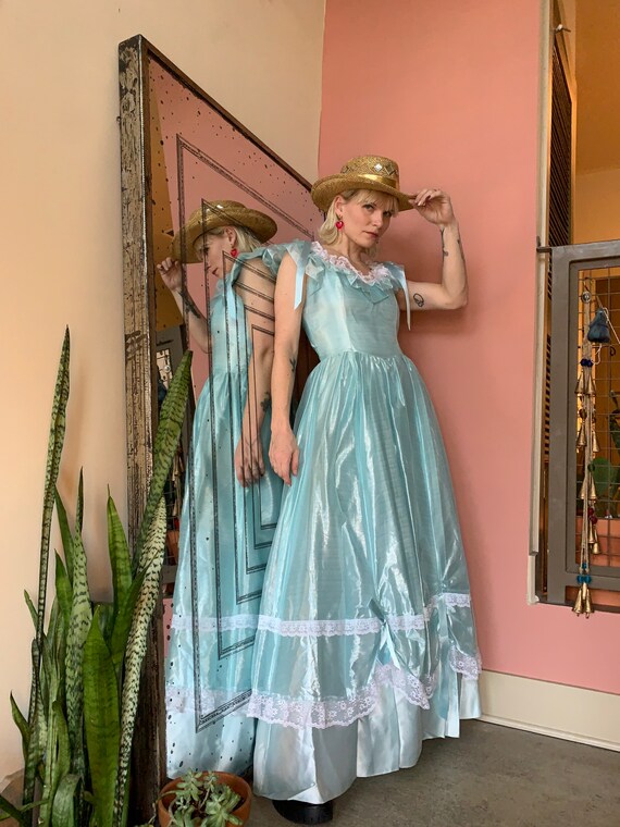 Vintage 70s/80s Metallic Soft Blue Formal Gown with Lace and Ribbon Trim