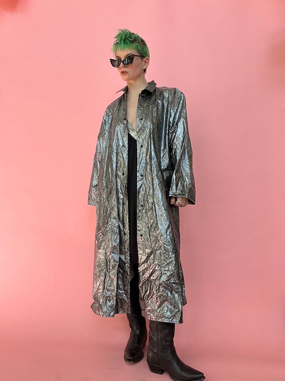 VTG 80s Anthony Richards Vinyl Silver Snakeskin Long Raincoat