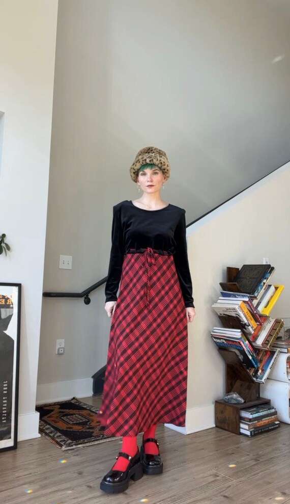 VTG 90s Red Plaid Velvet Midi Dress