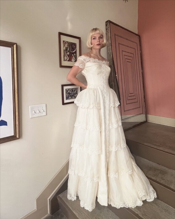 1940s Custom Made Tiered Lace Organza Bridal Gown — AS IS — see description & images