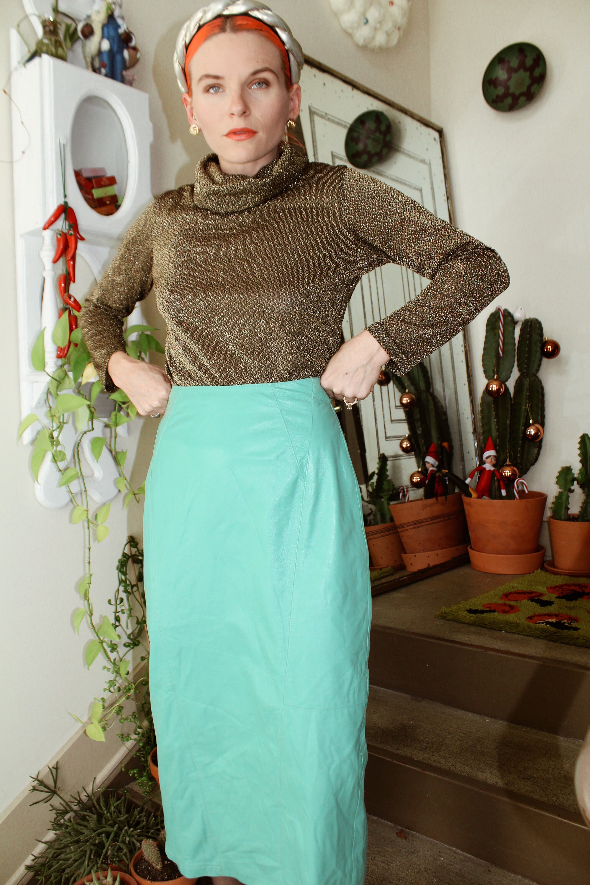 Blue Leather Midi Skirt