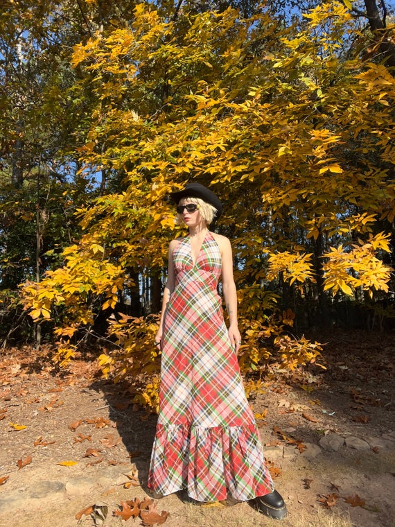 VTG 70s Holiday Plaid Maxi Dress