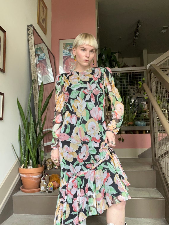 80s Floral Silk Bias Cut Dress