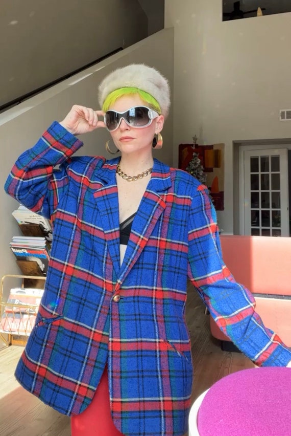 VTG 80s/90s Blue Plaid Tweed Blazer